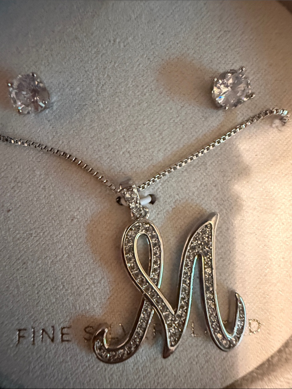 Silver-Plated Script Initial M - Necklace and Stud Earrings - silver plated new